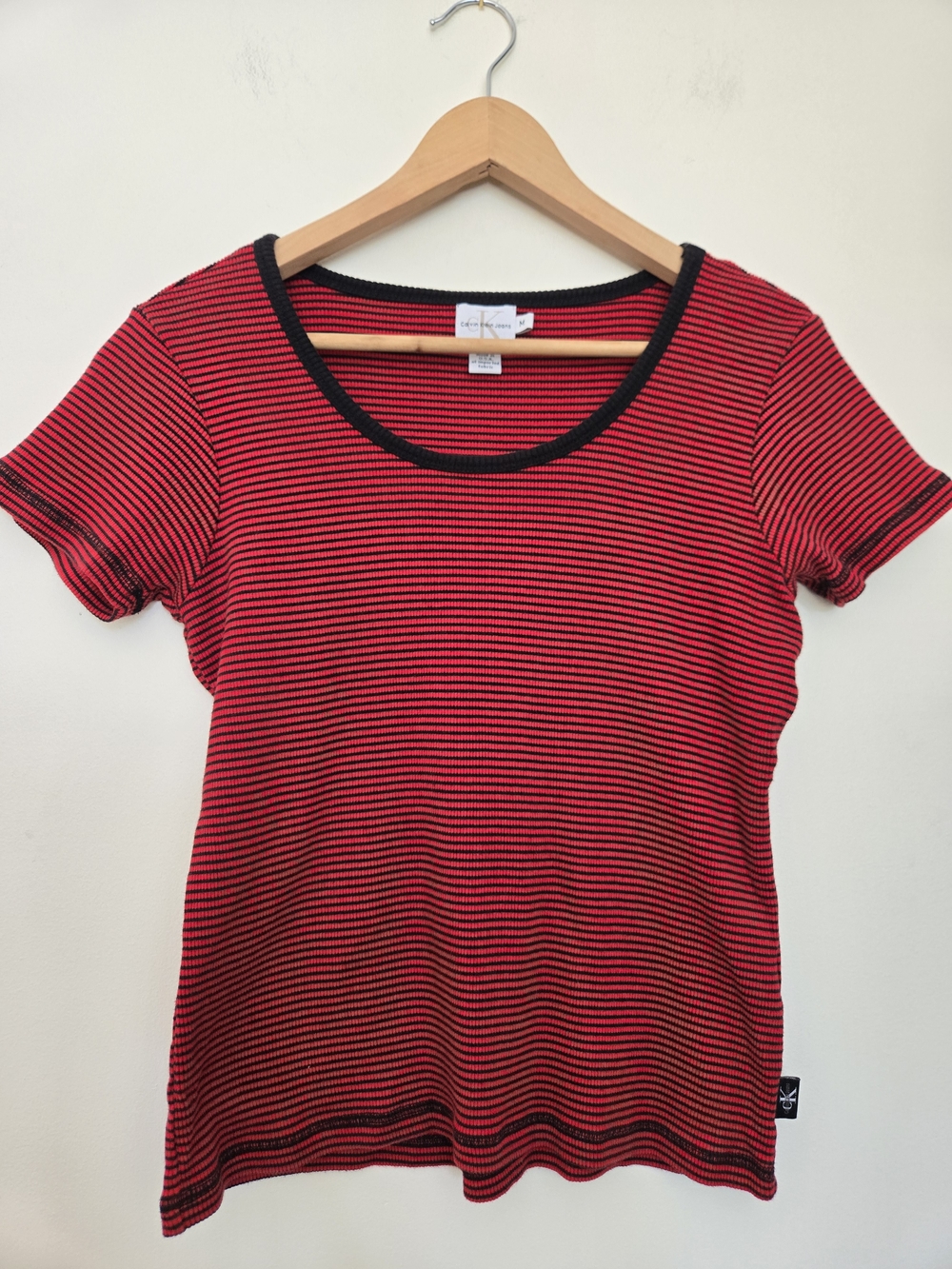 90s Calvin Klein Jeans Red & Black Striped Scoop Neck Tee